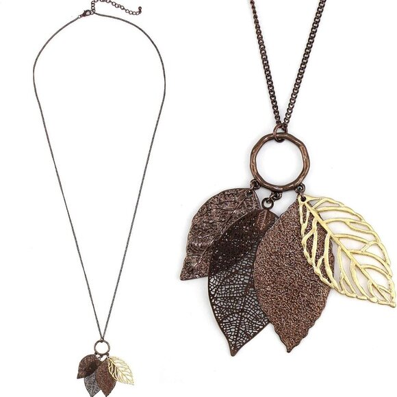 Gold Silver Two Tone Filigree Fall Leaf Pendant Long Necklace Chic Sweater Chain - Picture 9 of 9